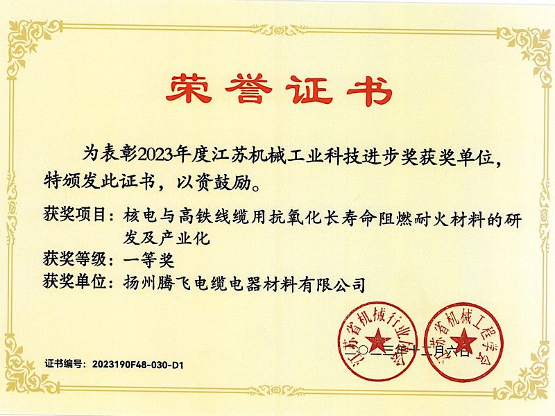 Jiangsu Machinery Industry Science and Technology Progress Award